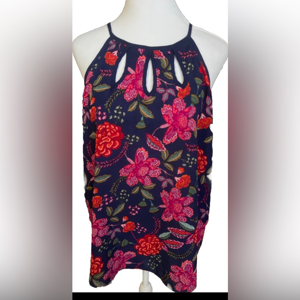 PAPERMOON WALITA Navy Blue + Pink Wild Floral Sleeveless Blouse W/Cutouts Medium